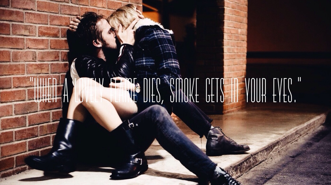 Colored Photograph from Blue Valentine Starring Ryan Gosling and Michelle Williams with Lyrics from Smoke Gets in Your Eyes by The Platters.