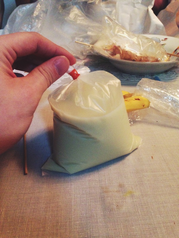 Colored Photograph of a Bag of Soymilk.